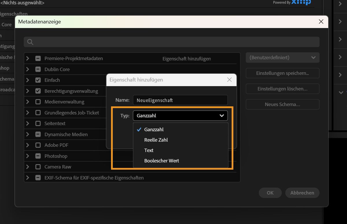 Der Dialog „Eigenschaft hinzufügen" ist geöffnet und zeigt das Dropdown-Menü „Typ" mit den Optionen „Ganzzahl", „Real", „Text" und „Boolescher Wert".