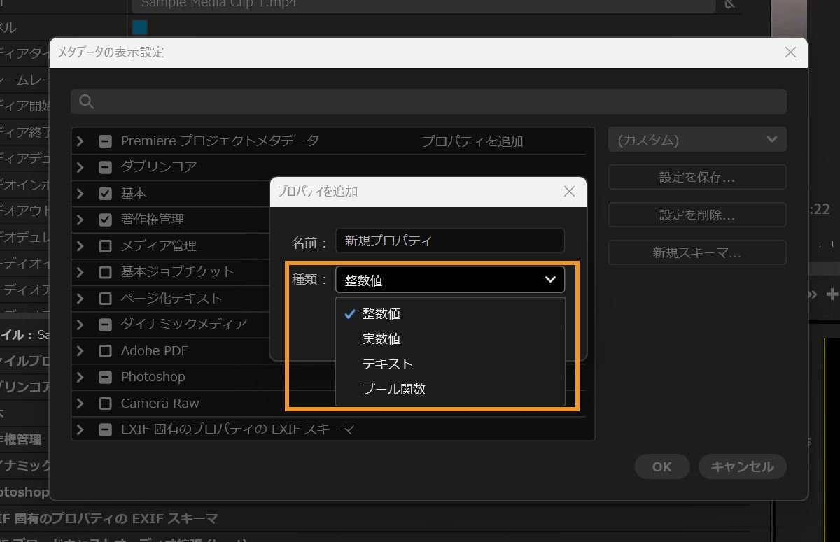 プロパティを追加ダイアログが開き、整数、実数、テキスト、ブーリアンの各オプションを含む「タイプ」ドロップダウンが表示されています。