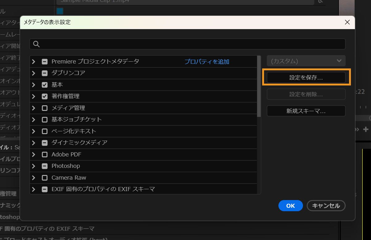 メタデータディスプレイダイアログボックスには、カスタムメタデータセットの保存に使用できる「設定を保存」ボタンが表示されます。
