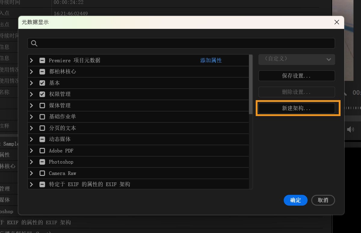 一张计算机“元数据显示”对话框的屏幕截图，显示用于创建自定义元数据架构的“新建架构”按钮。