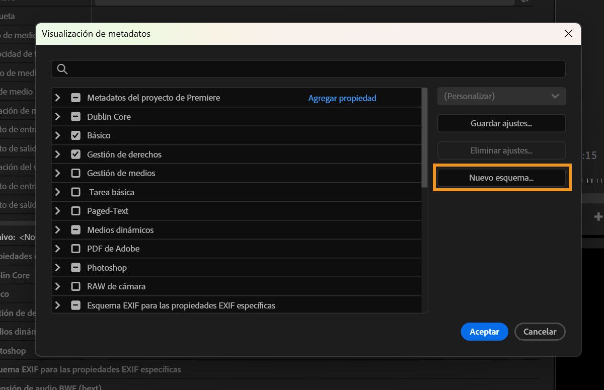 Una captura de pantalla de un ordenadorEl diálogo Metadata Display que muestra el botón New Schema usado para crear un esquema de metadatos personalizado.
