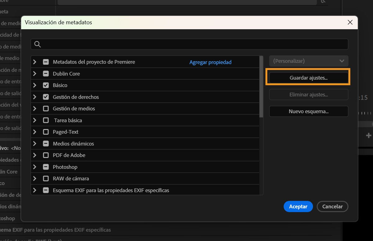 El cuadro de diálogo Visualización de metadatos muestra el botón Guardar configuración que se puede usar para guardar un conjunto de metadatos personalizado.