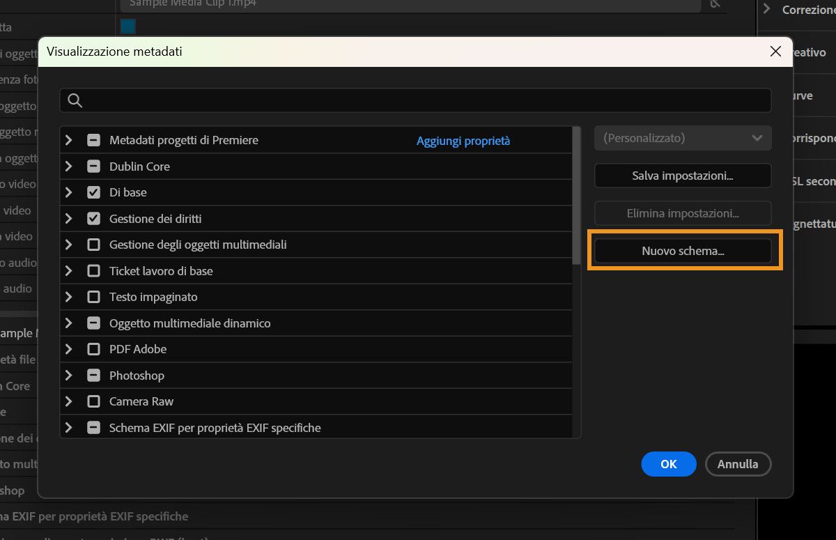 Una schermata di un computerFinestra di dialogo Metadata Display che mostra il pulsante New Schema utilizzato per creare uno schema metadati personalizzato.