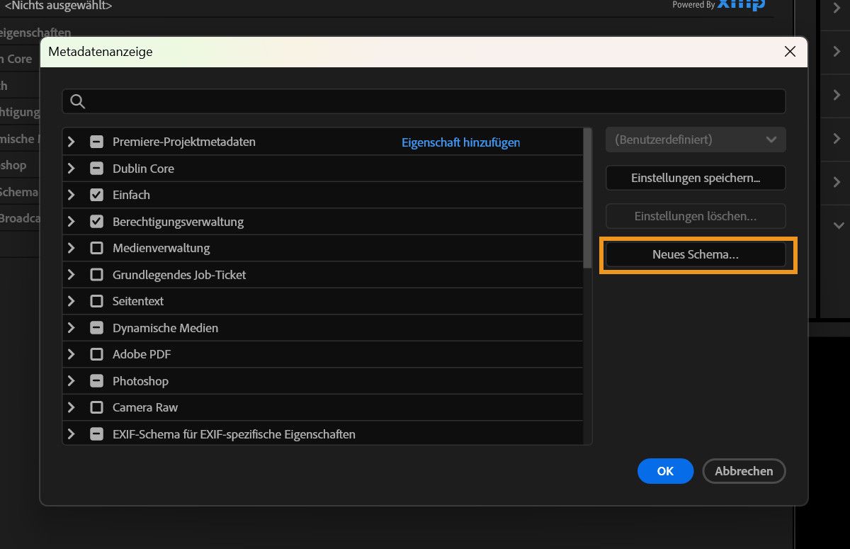 Ein Screenshot eines Computers zeigt den Dialog „Metadatenanzeige“ mit die Schaltfläche „Neues Schema“, das zum Anlegen eines benutzerdefinierten Metadatenschemas verwendet wird.
