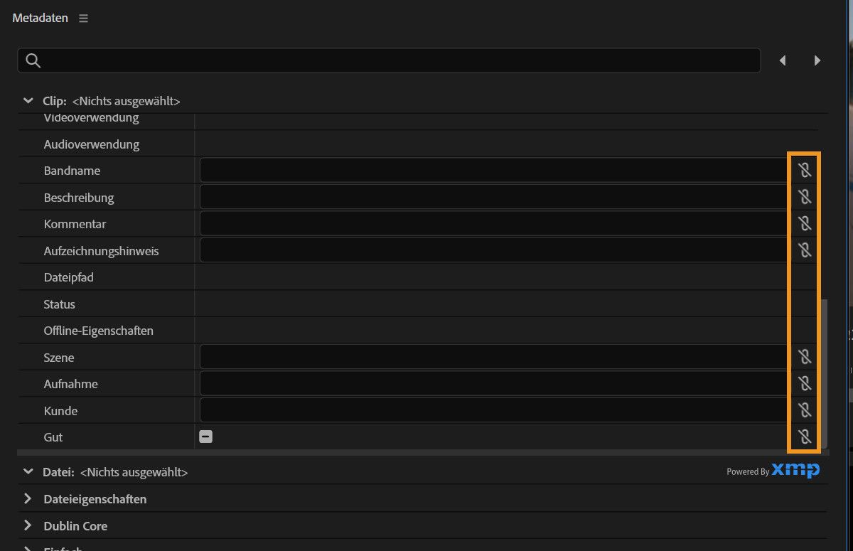 Metadaten-Bedienfeld mit Verknüpfungssymbolen, die verwendet werden, um Clip-Datenfelder mit XMP-Metadaten zu verbinden.