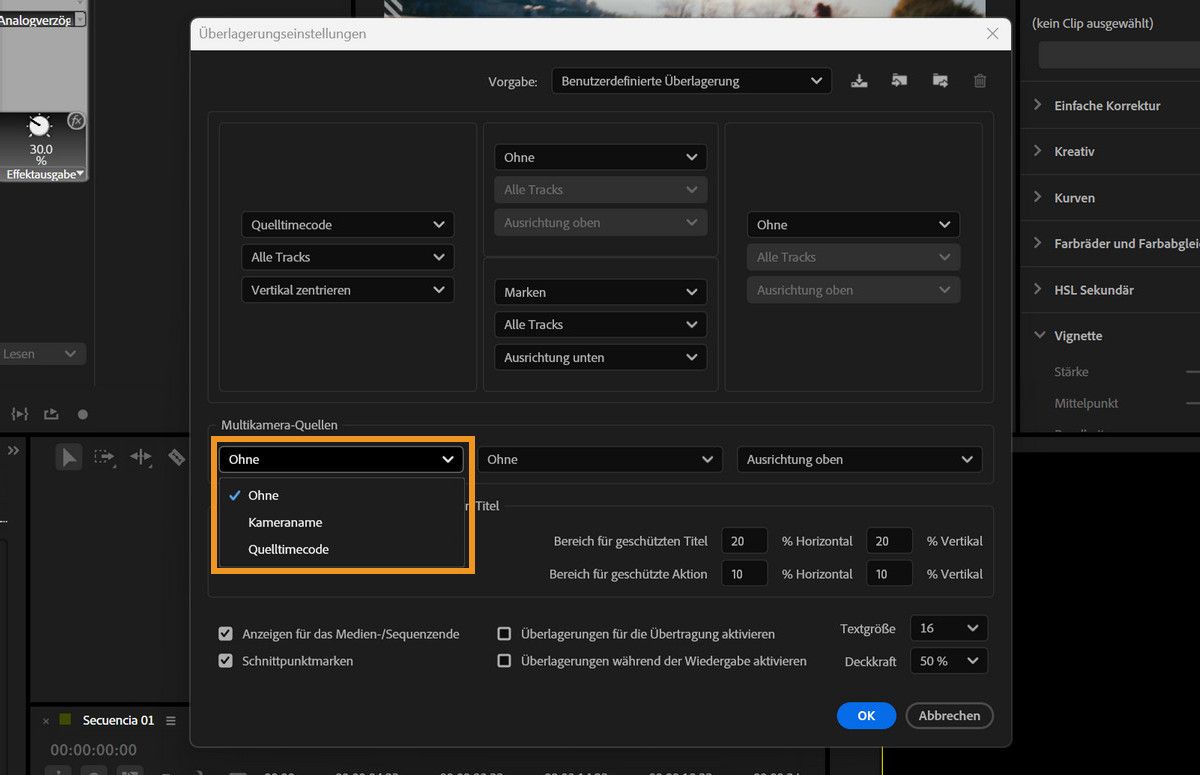 Dialog „Überlagerungseinstellungen“ mit Dropdown Multi-Kamera-Quellen mit den Optionen „Keine“, „Kameraname“ und „Quell-Timecode“.