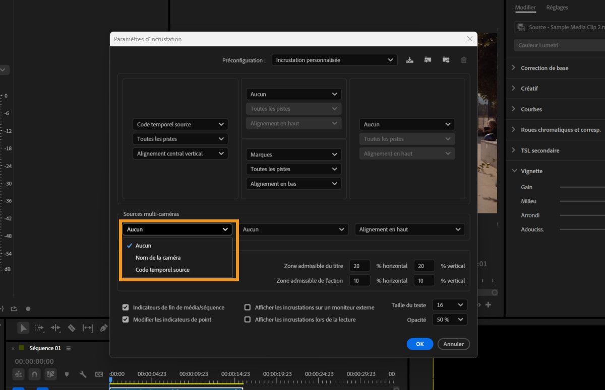 Boîte de dialogue Paramètres de recouvrement affichant le menu déroulant Sources multi-caméra avec les options Aucune, Nom de caméra et Code temporel source.