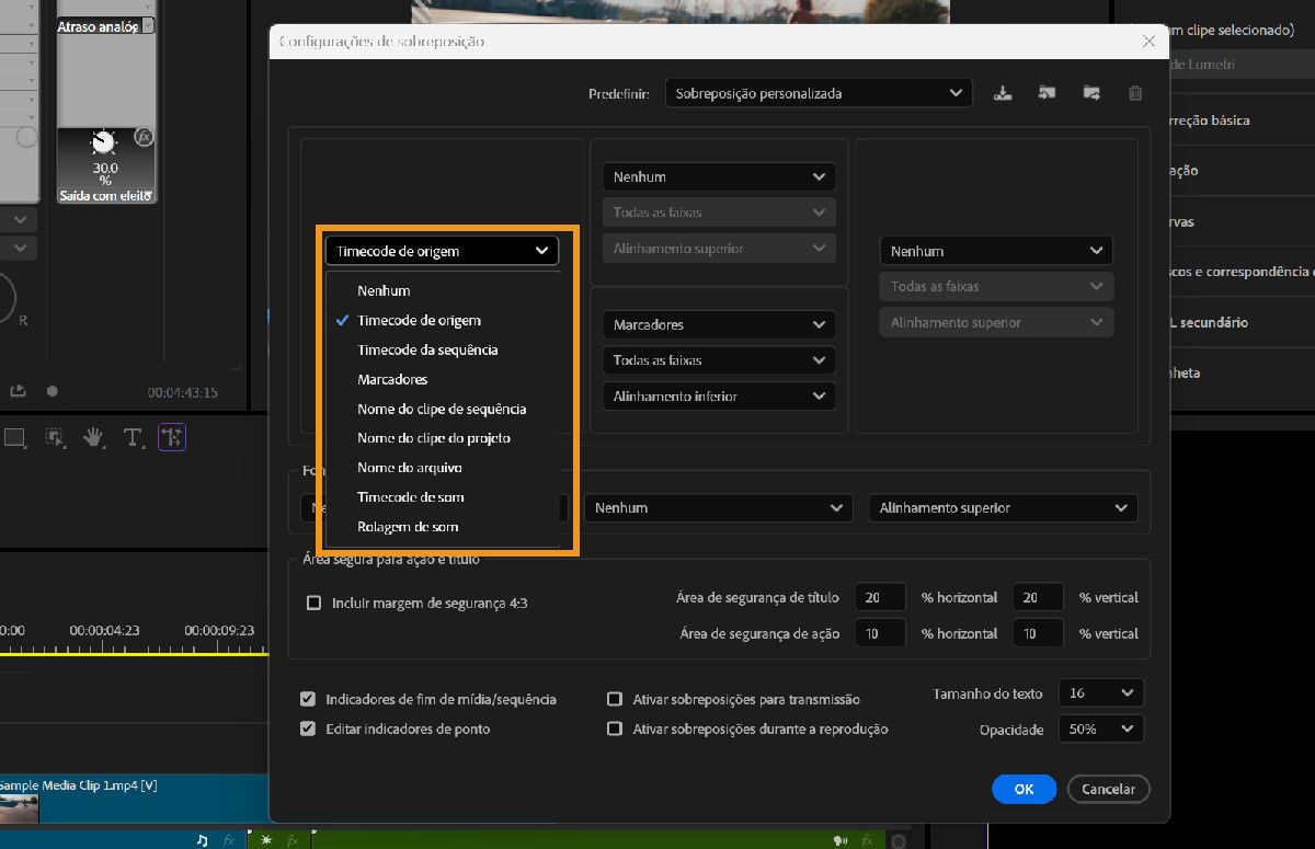 Caixa de diálogo Configurações de sobreposição mostrando um menu suspenso com opções de sobreposição, incluindo Código de tempo de origem, Código de tempo da sequência e Marcadores.