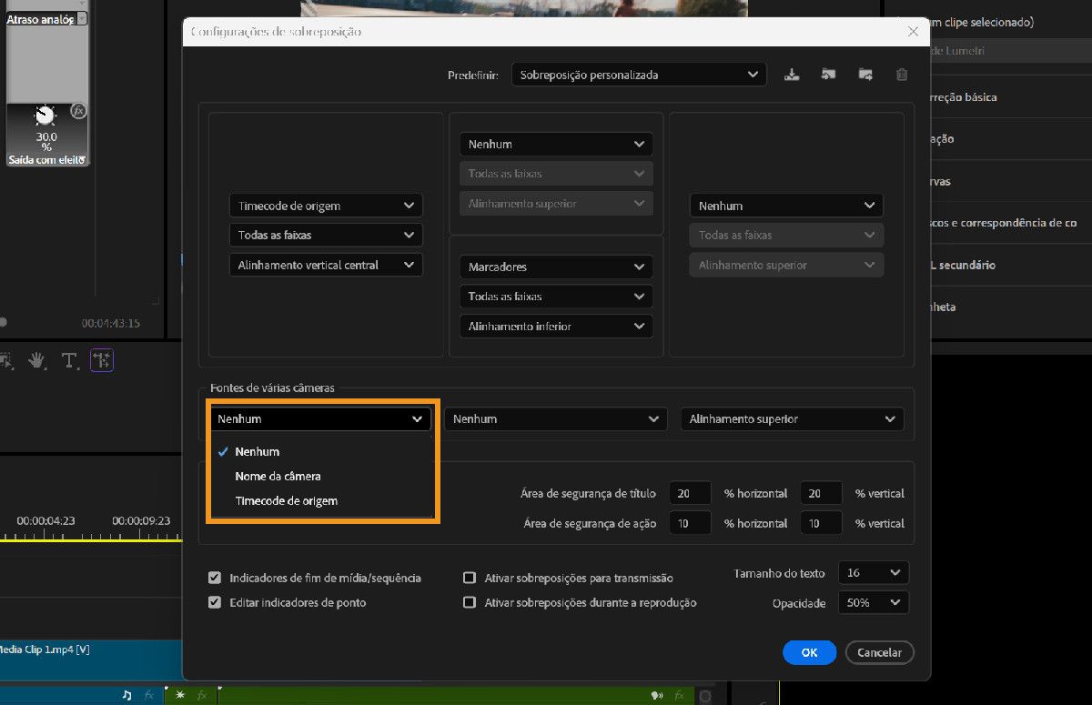 Caixa de diálogo Configurações de sobreposição mostrando o menu suspenso Origens multicâmera com as opções Nenhuma, Nome da câmera e Timecode de origem.