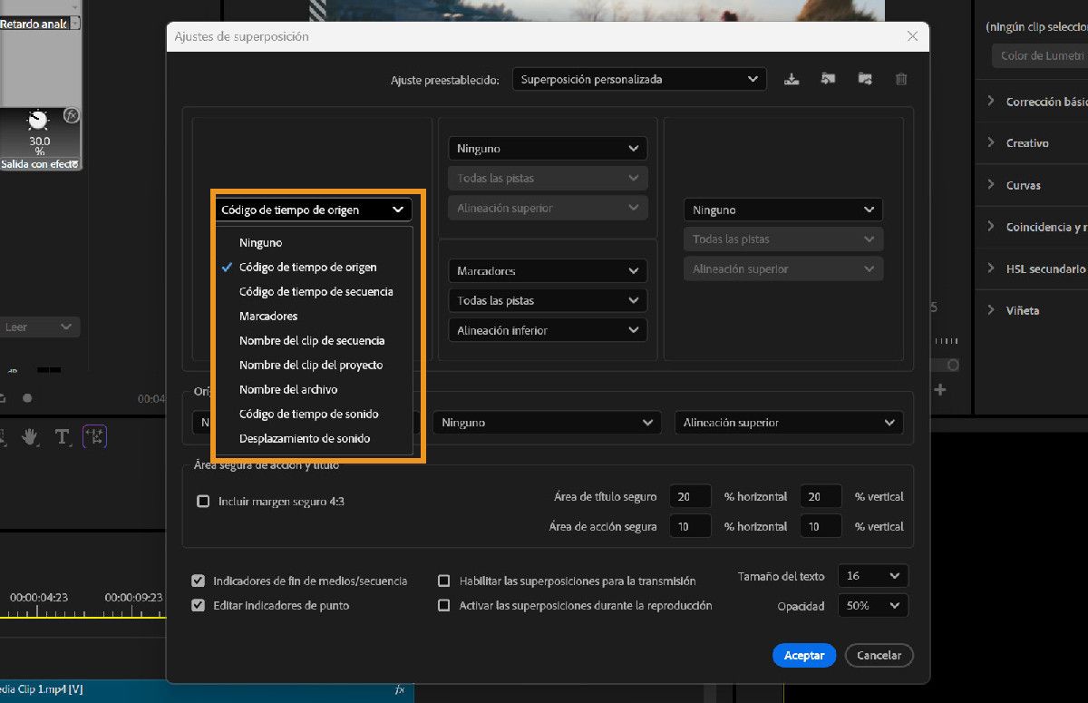 Cuadro de diálogo Configuración de superposición que muestra un menú desplegable con opciones de superposición, incluidos Código de tiempo de fuente, Código de tiempo de secuencia y Marcadores.