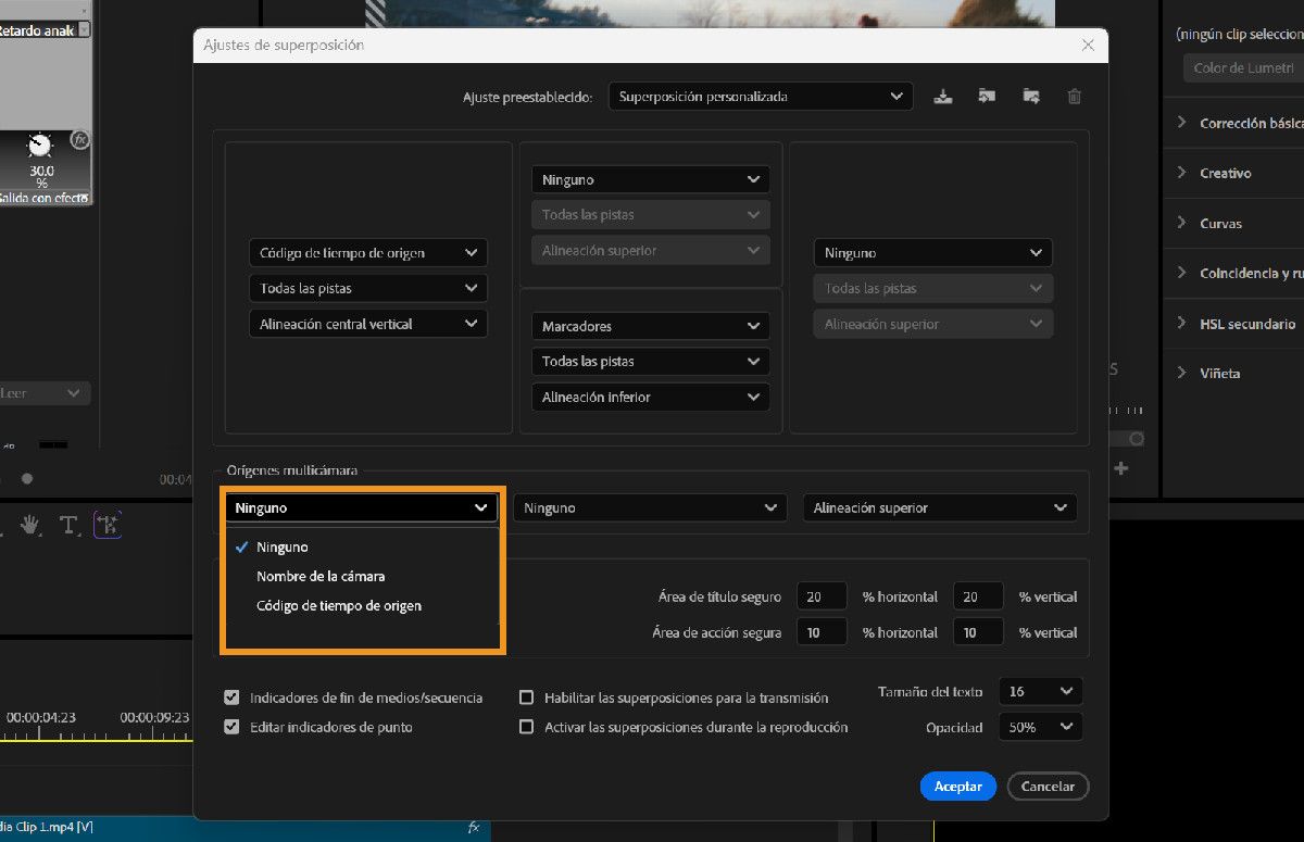 Cuadro de diálogo Configuración de superposición que muestra el menú desplegable Fuentes multicámara con las opciones Ninguno, Nombre de cámara y Código de tiempo de fuente.