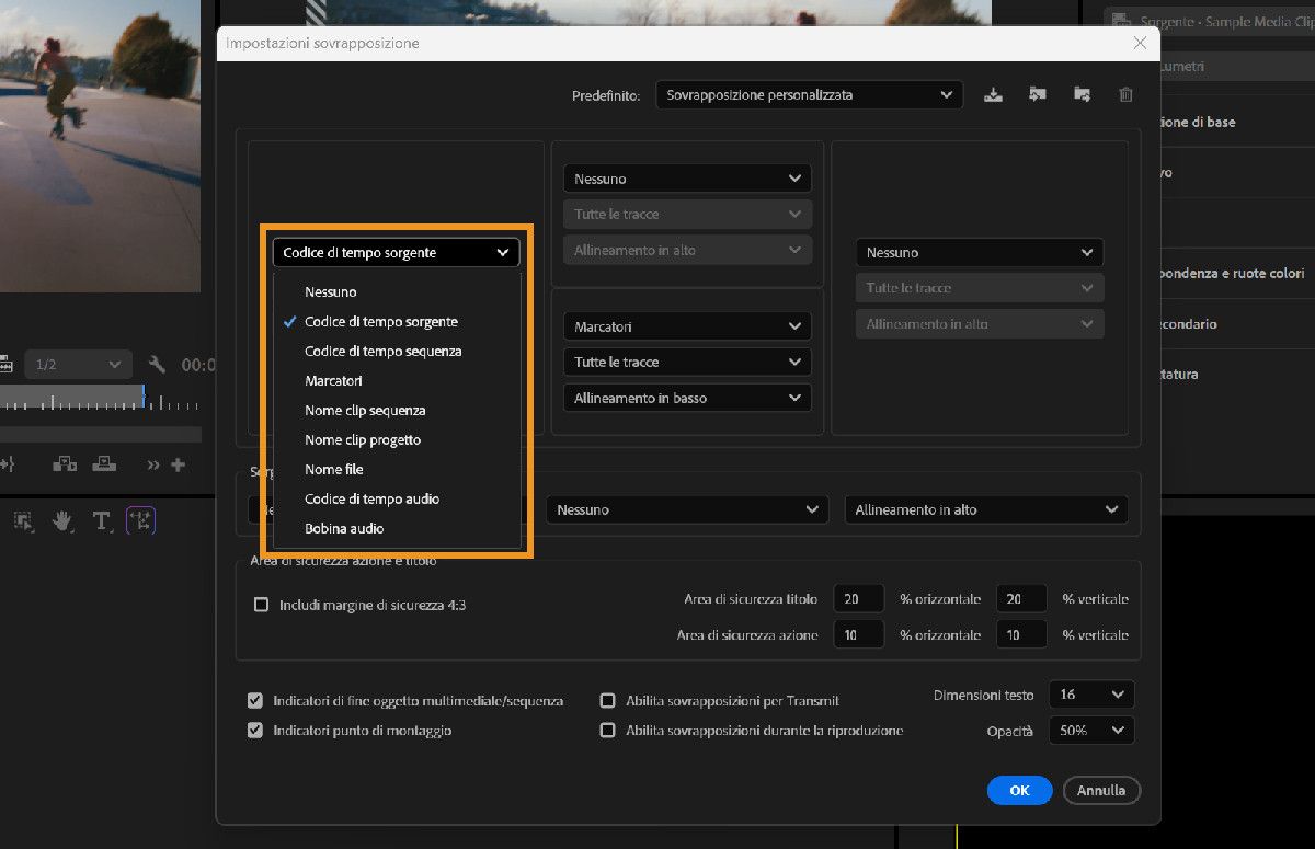 Finestra di dialogo Impostazioni sovrapposizione che mostra un menu a discesa con opzioni di sovrapposizione inclusi Timecode origine, Timecode sequenza e Marcatori.