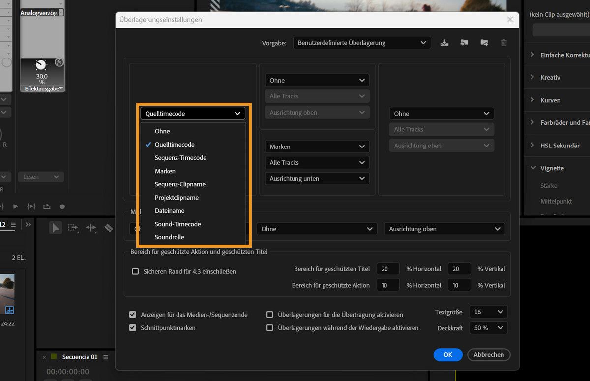 Dialogfeld „Einstellungen für Überlagerungen“ mit einer Dropdown-Liste, die Überlagerungsoptionen wie „Quell-Timecode“, „Sequenz-Timecode“ und „Marker“ enthält.