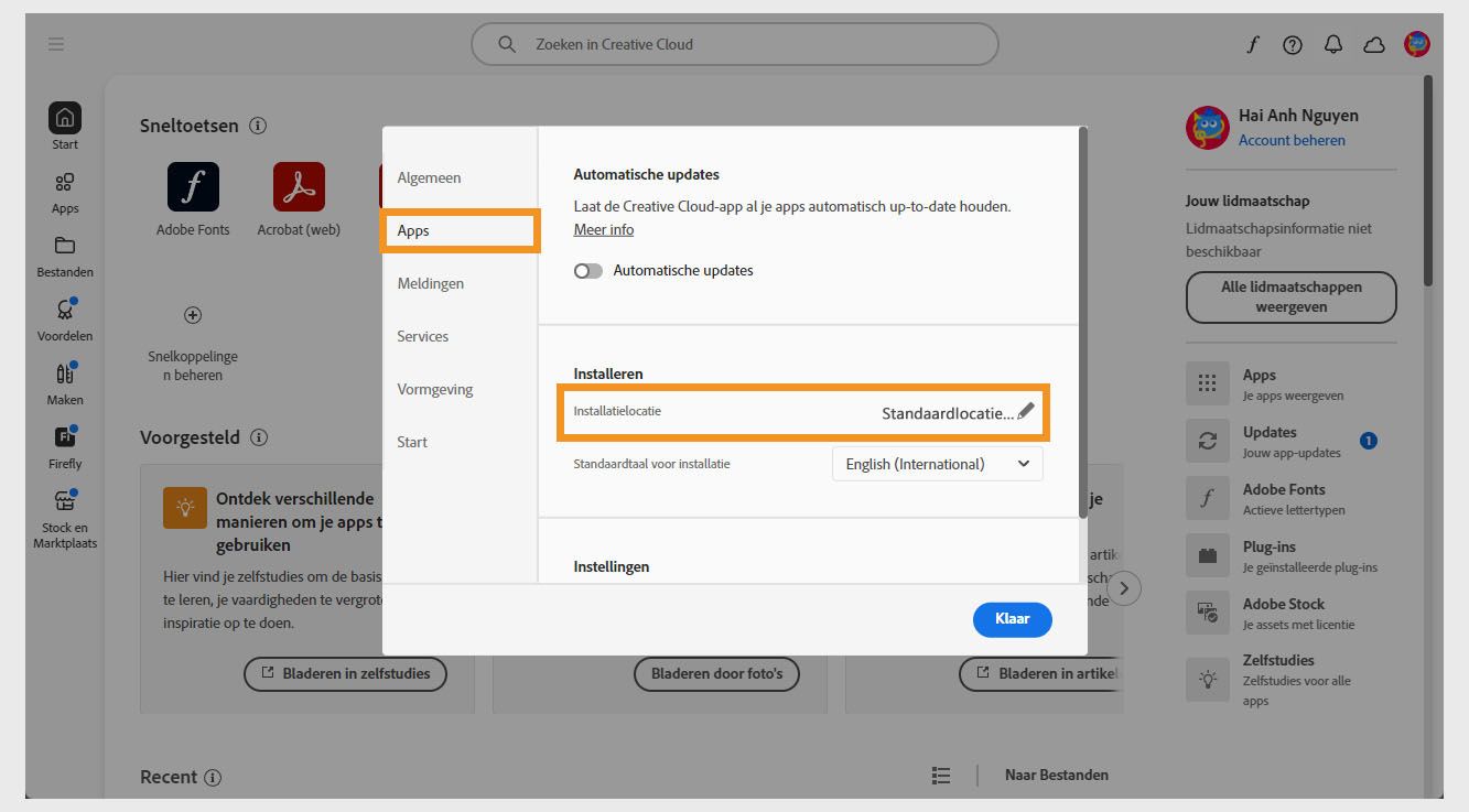 Het potloodpictogram naast Installatielocatie is beschikbaar onder de sectie Installeren van het tabblad Applicaties. U kunt het pictogram selecteren om de standaard installatielocatie voor de Creative Cloud-applicaties bij te werken. 