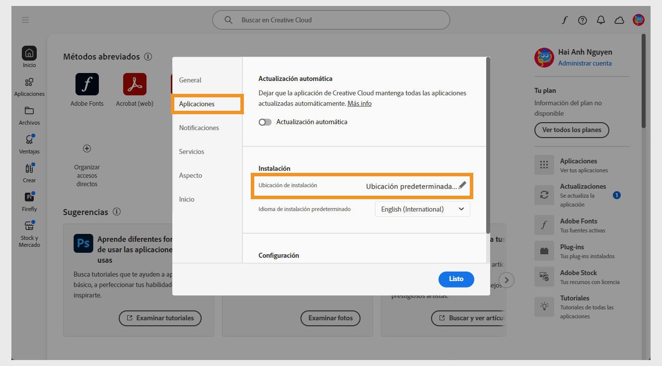 El icono de lápiz junto a Ubicación de instalación está disponible en la sección Instalación de la pestaña Aplicaciones.Puede seleccionar el icono para actualizar la ubicación de instalación predeterminada de sus aplicaciones de Creative Cloud.