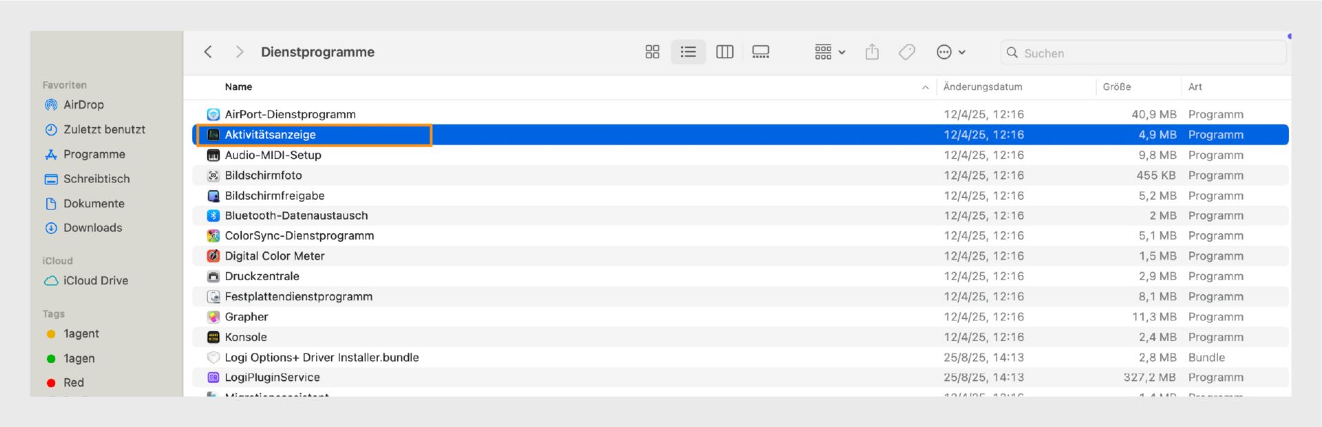 Screenshot der Anwendung „Aktivitätsanzeige”, der eine Liste laufender Prozesse, deren CPU-Auslastung, Speichernutzung und andere Systemstatistiken zeigt.