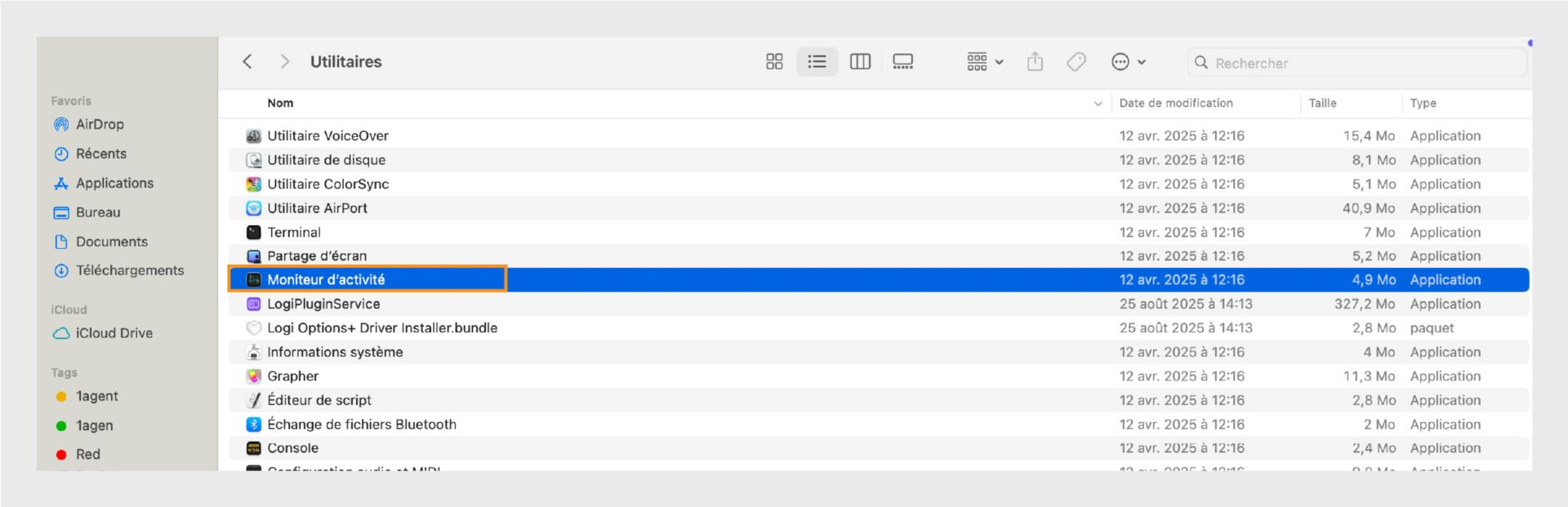 Capture d’écran de l’application Moniteur d’activité affichant une liste des processus en cours d’exécution, leur utilisation du processeur, de la mémoire et d’autres statistiques système.