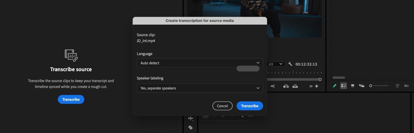 El panel Text, la opción Transcribir está seleccionada.El cuadro de diálogo Crear transcripción para medios de fuente está abierto y hay opciones para seleccionar el Idioma y el Etiquetado de hablantes.