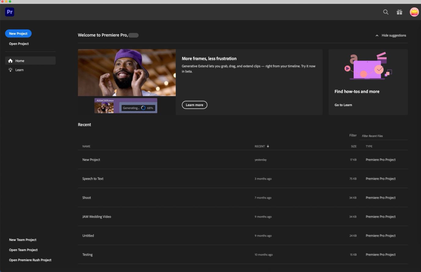 Immagine che mostra la schermata Home di Premiere Pro.