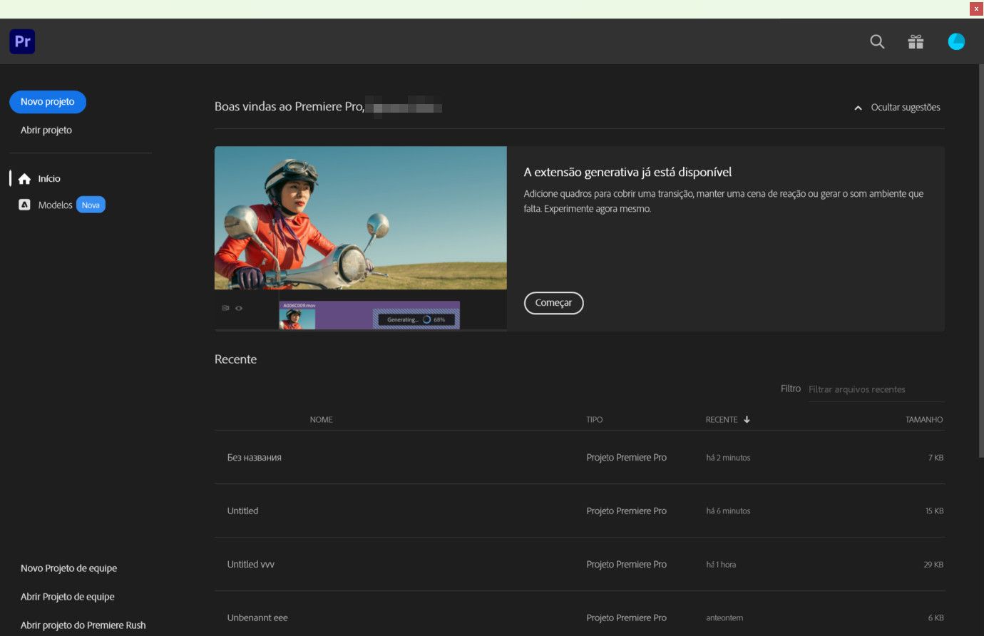 Imagem mostrando a tela inicial do Premiere Pro.