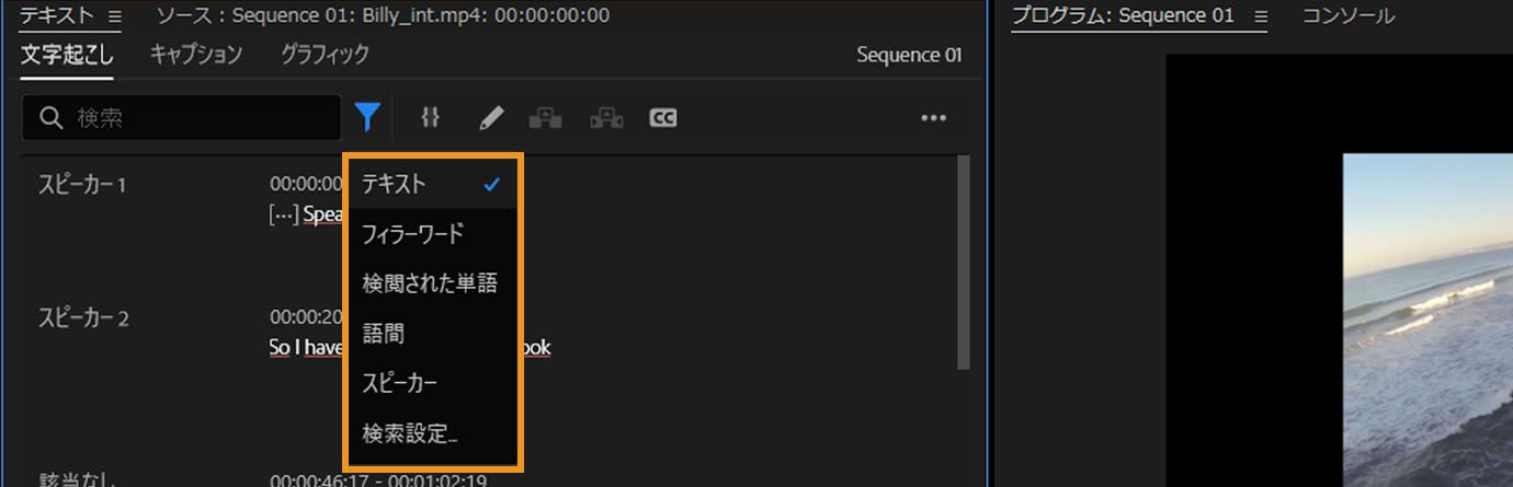 テキストパネルの「文字起こし」タブが開きます。 タブのフィルターには、テキスト、つなぎ言葉、一時停止またはスピーカーを検索するオプションがあります。