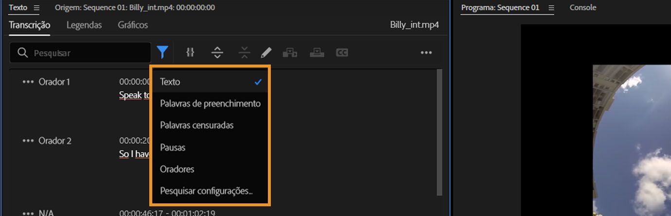 A guia Transcrição está aberta no painel Texto.O filtro da guia tem opções para procurar por Texto, Palavras de preenchimento, Pausas ou Oradores.
