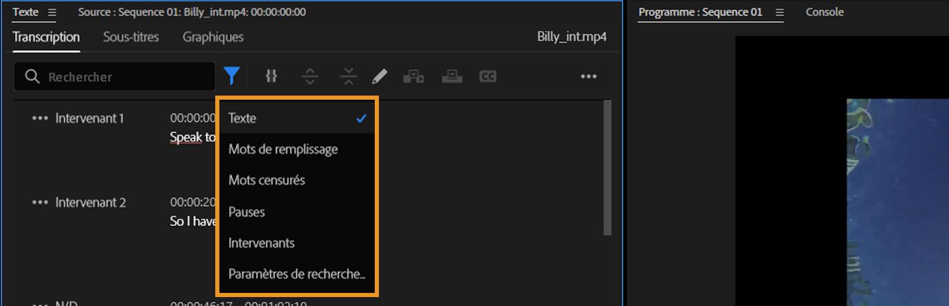 L’onglet Transcription est ouvert dessous le panneau Texte.Le filtre de l’onglet propose des options pour rechercher du texte, des mots de remplissage, des pauses ou des intervenantes et intervenants.