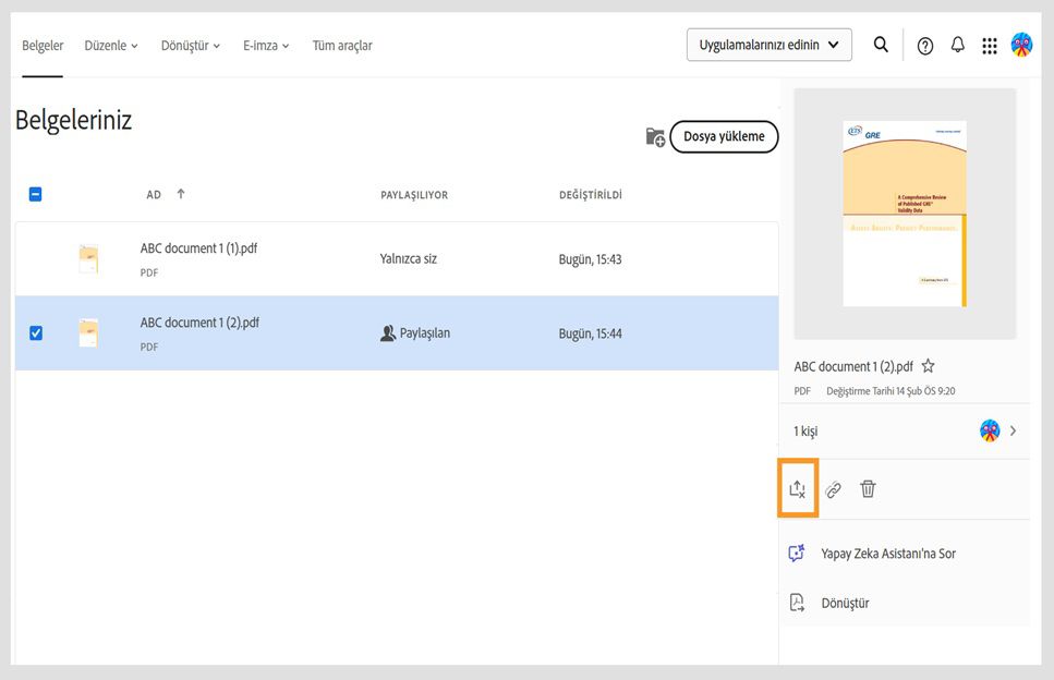 Paylaşılan bir belge seçilir ve Paylaşımı kaldır aracının vurgulandığı sağ panelde paylaşım ayrıntıları gösterilir.