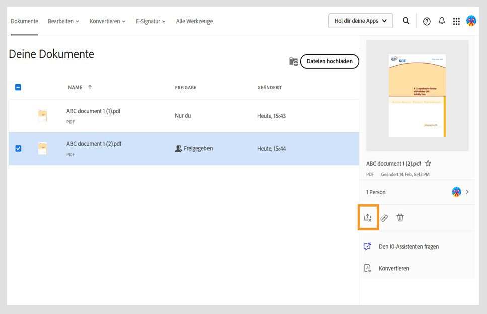 Ein freigegebenes Dokument wird ausgewählt und die Freigabedetails werden im rechten Bereich angezeigt, wo das Werkzeug „Freigabe aufheben“ hervorgehoben ist.