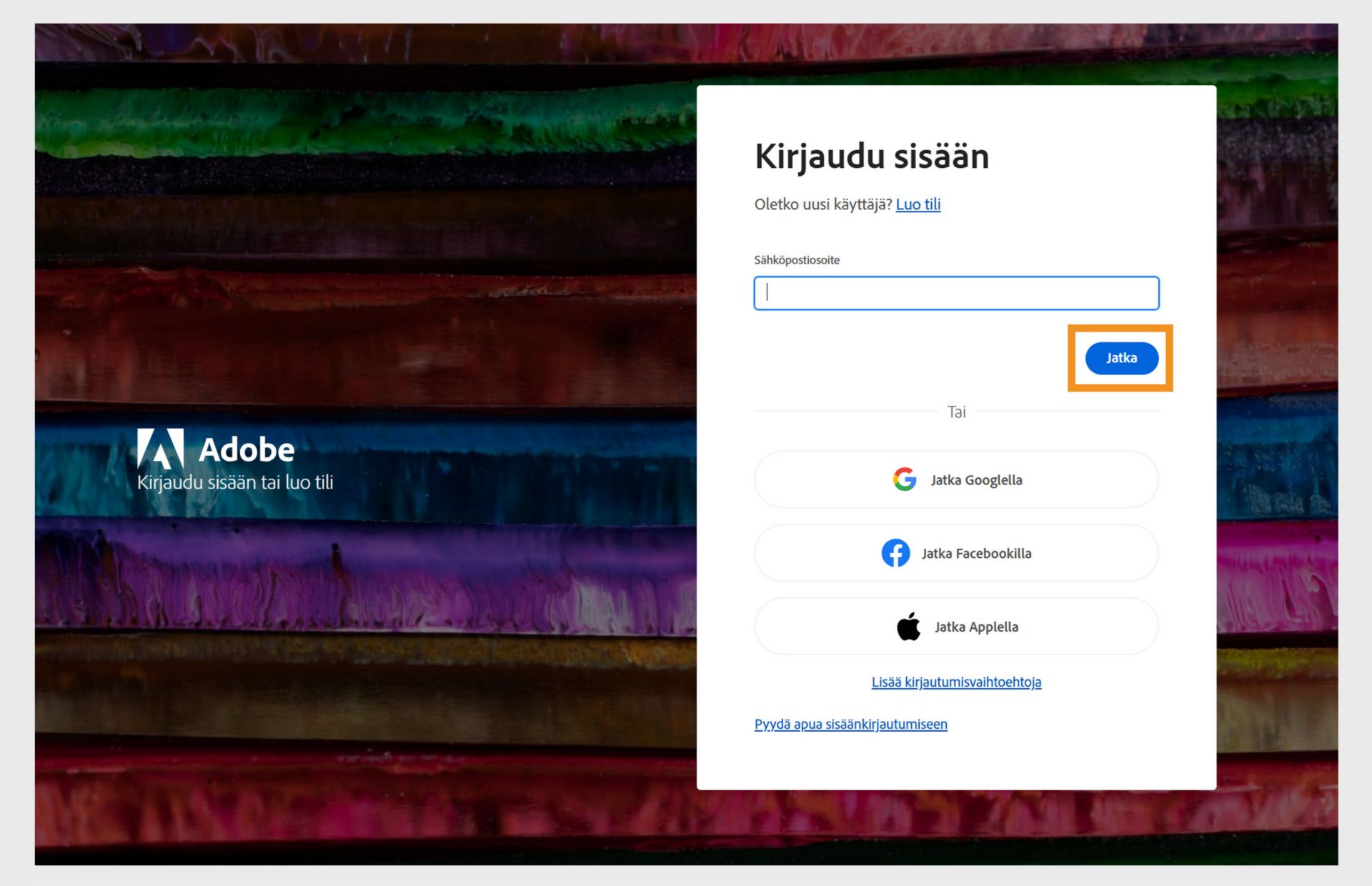Kuvakaappaus kirjautumissivusta