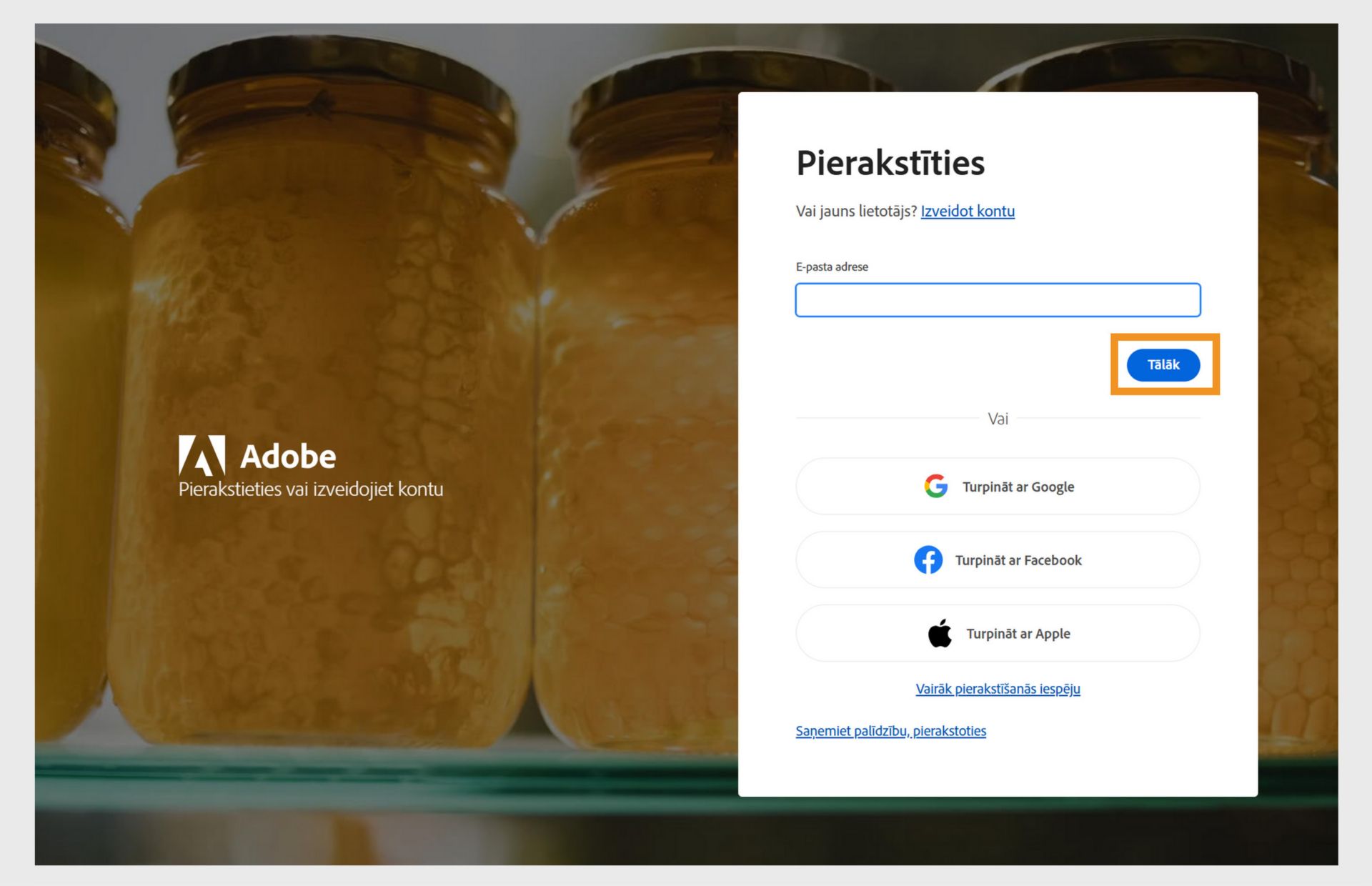 Pieteikšanās lapas ekrānuzņēmums