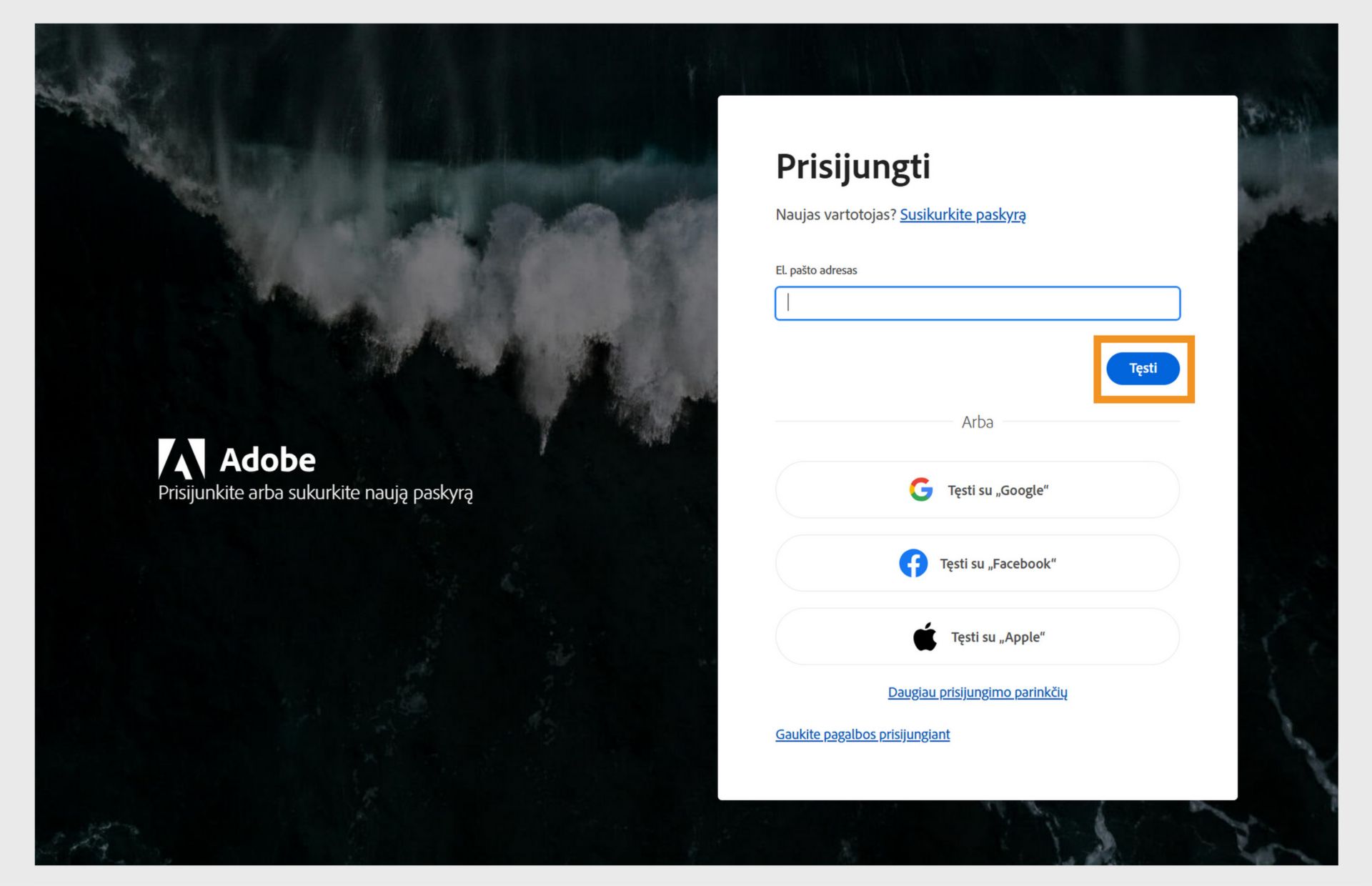 Prisijungimo puslapio ekrano kopija