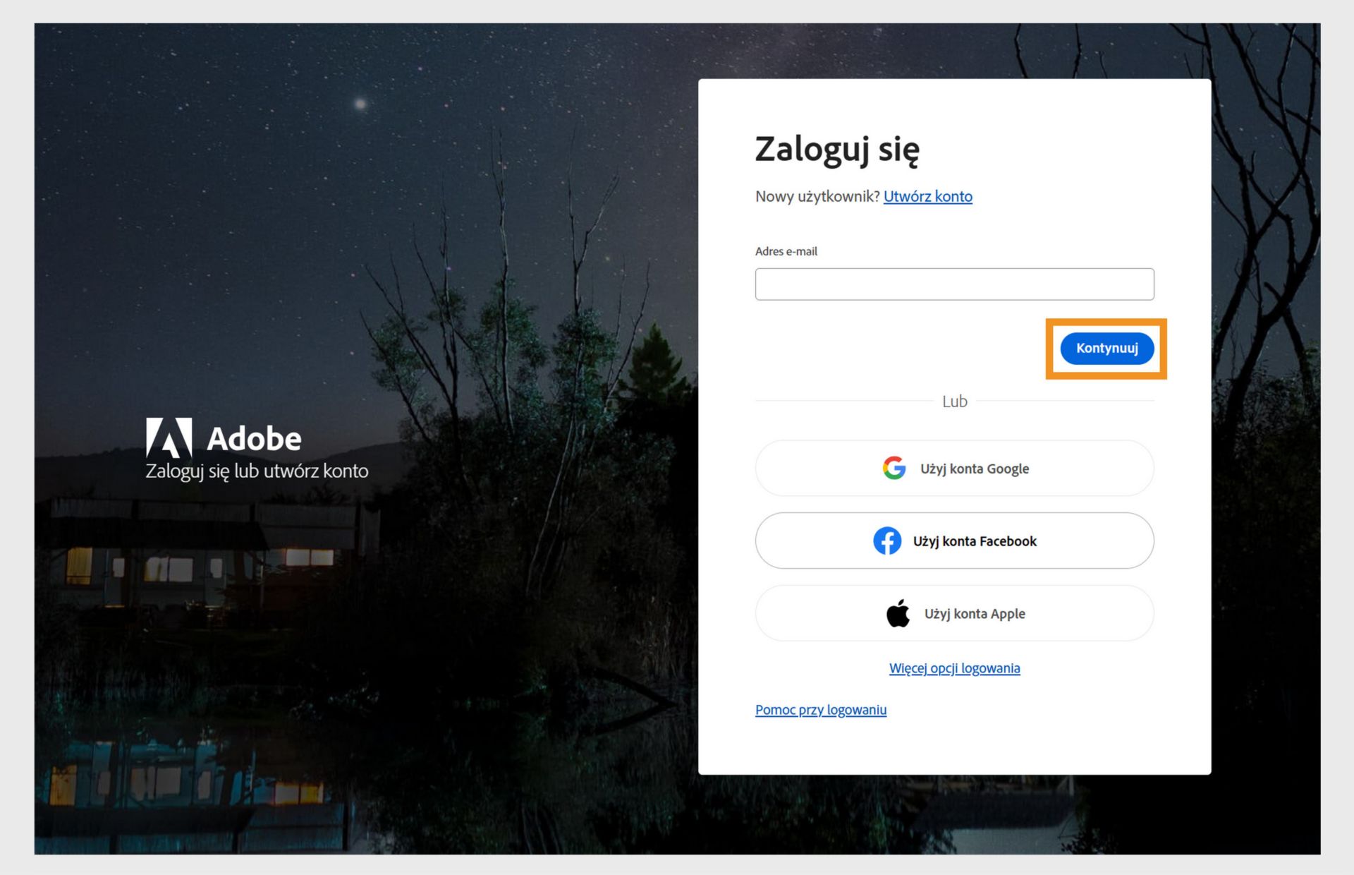 Zrzut ekranu strony logowania