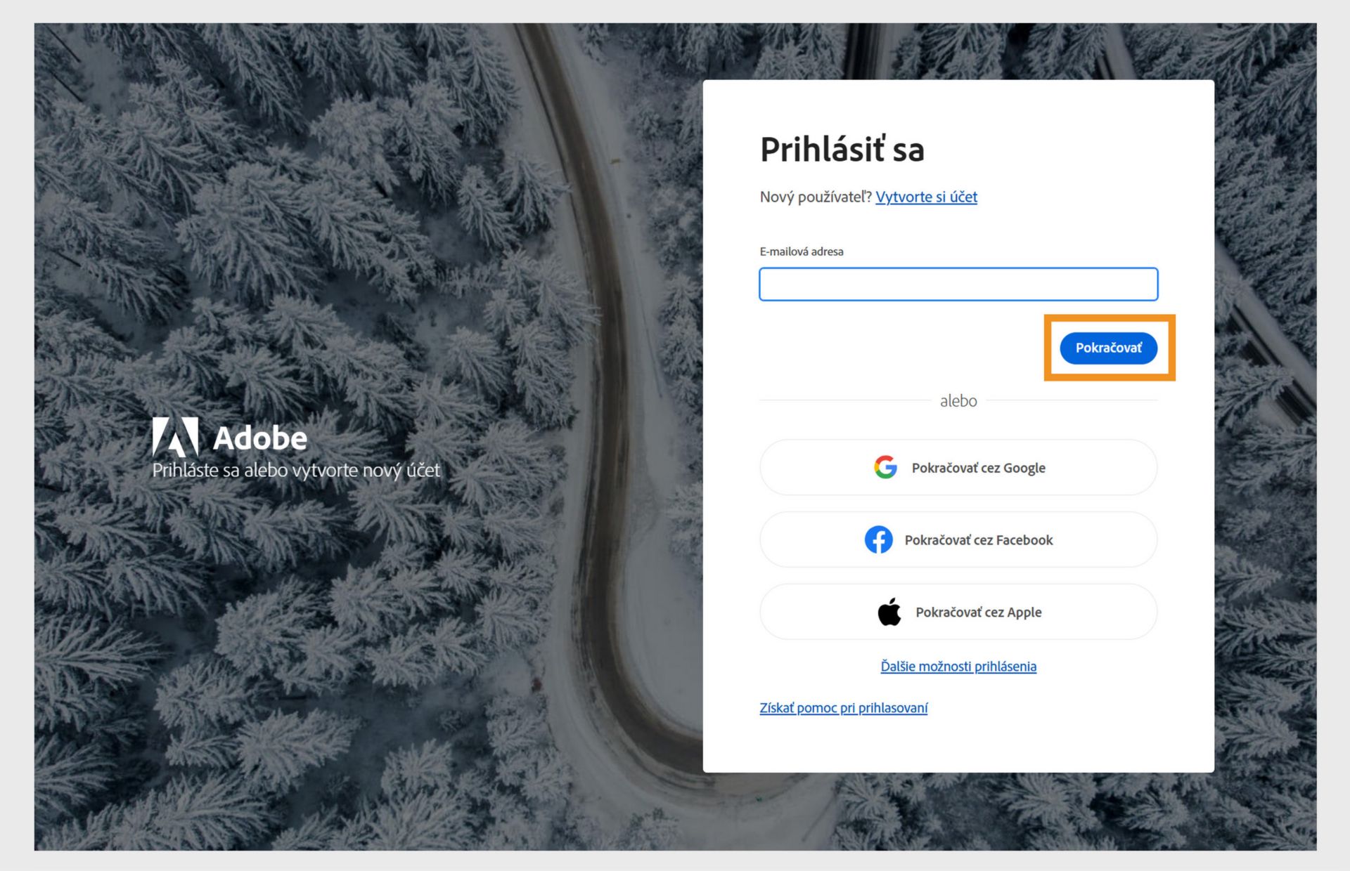 Snímka obrazovky prihlasovacej stránky