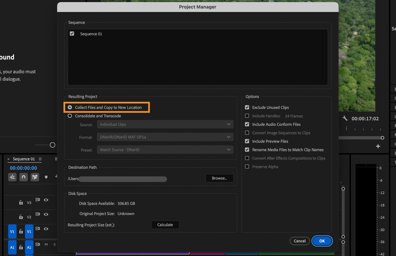 La finestra di dialogo Project Manager è aperta.Offre molteplici opzioni e attualmente è selezionata l'opzione 'Collect Files and Copy to New Location'.Questa opzione raccoglie e copia il metraggio utilizzato nelle sequenze selezionate in un'unica posizione di archiviazione.