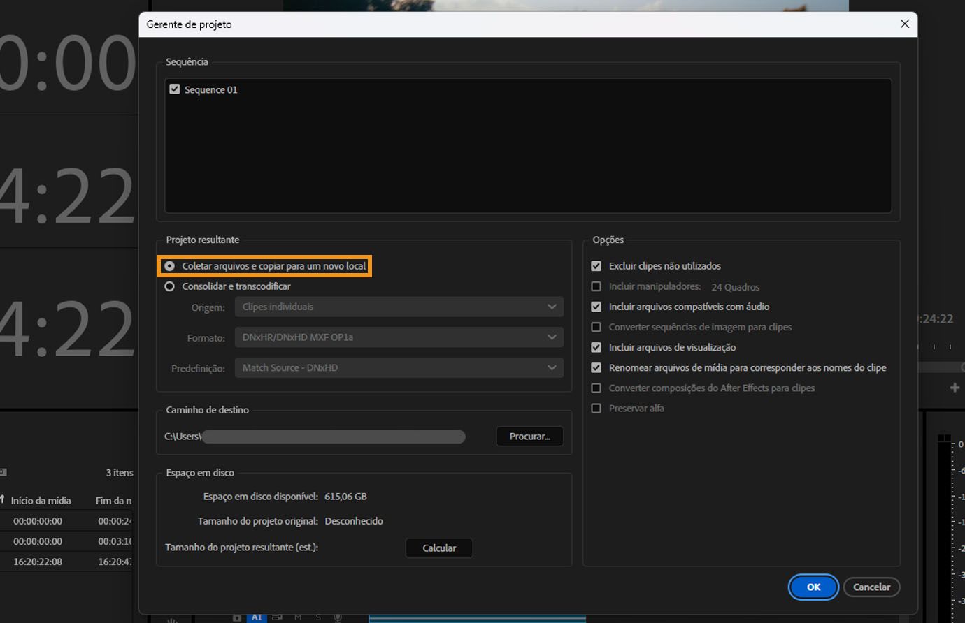 A caixa de diálogo do Gerenciador de Projetos está aberta.Ela oferece várias opções, e, atualmente, a opção “Coletar arquivos e copiar para um novo local” está selecionada. Esta opção coleta e copia a gravação que você usou nas sequências selecionadas para um local de armazenamento.