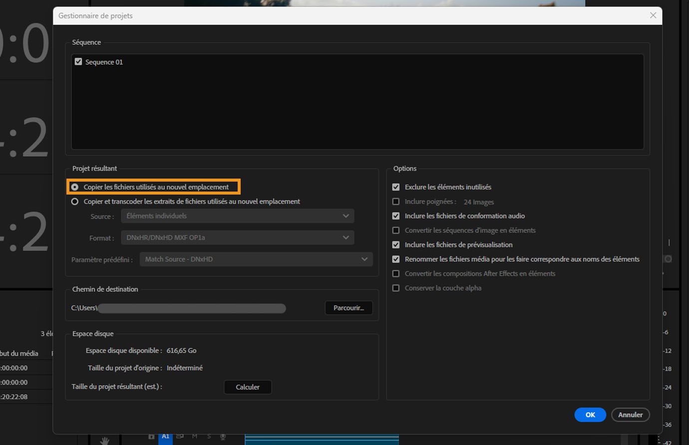 La boîte de dialogue du Gestionnaire de Projet est ouverte.Plusieurs options sont proposées, et actuellement, l’option « Copier les fichiers utilisés au nouvel emplacement » est sélectionnée.Cette option permet de rassembler et de copier le métrage utilisé dans les séquences sélectionnées à un emplacement de stockage unique.