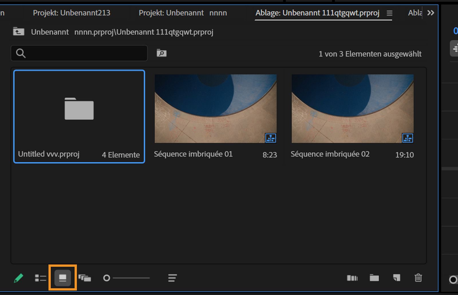 Das Bedienfeld zeigt Medien als Miniaturansichten in der Symbolansicht, mit einem hervorgehobenen Symbol, das es Benutzenden ermöglicht, Clips visuell anzuordnen und in der Vorschau anzuzeigen.