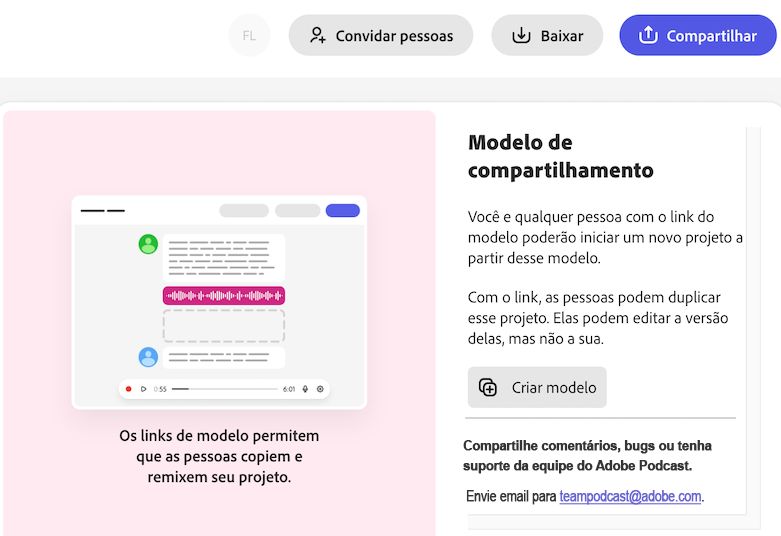 O ícone Compartilhar, disponível na parte superior direita da tela, permite compartilhar um modelo.