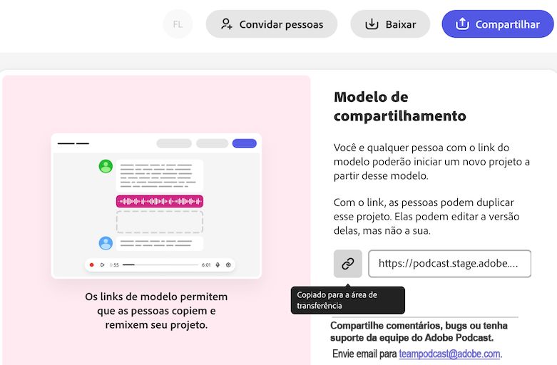 O Podcast Adobe cria um link que pode ser compartilhado com outras pessoas.