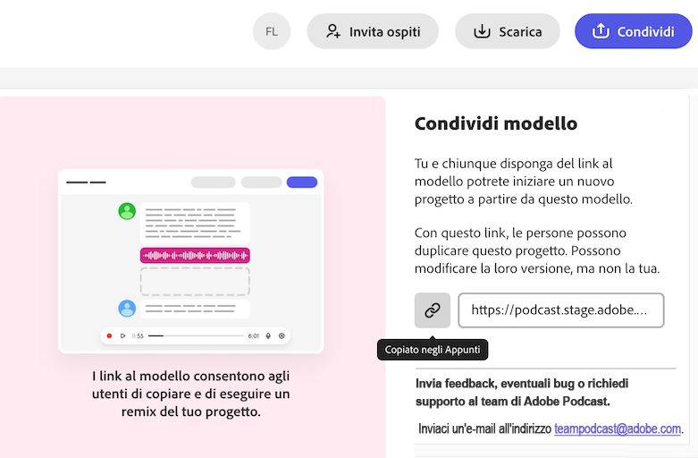 Adobe Podcast consente di creare un collegamento da condividere con altri utenti.