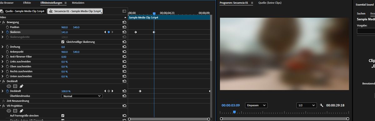 Das Bedienfeld „Effekteinstellungen&quot; ist geöffnet und zeigt die Eigenschaften „Skalierung&quot; und „Deckkraft&quot; mit hinzugefügten Keyframes.
