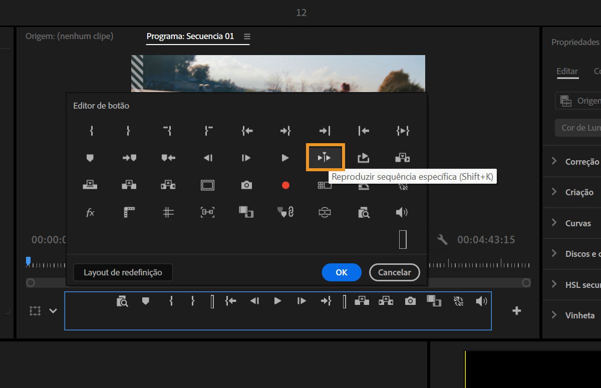 Caixa de diálogo do Editor de botões mostrando o ícone Reproduzir ao Redor que pode ser adicionado à barra de ferramentas do Monitor de programa.