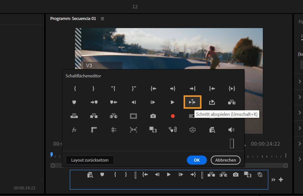Button Editor-Dialog, der das Play Around-Symbol zeigt, das zur Symbolleiste des Programm-Monitors hinzugefügt werden kann.