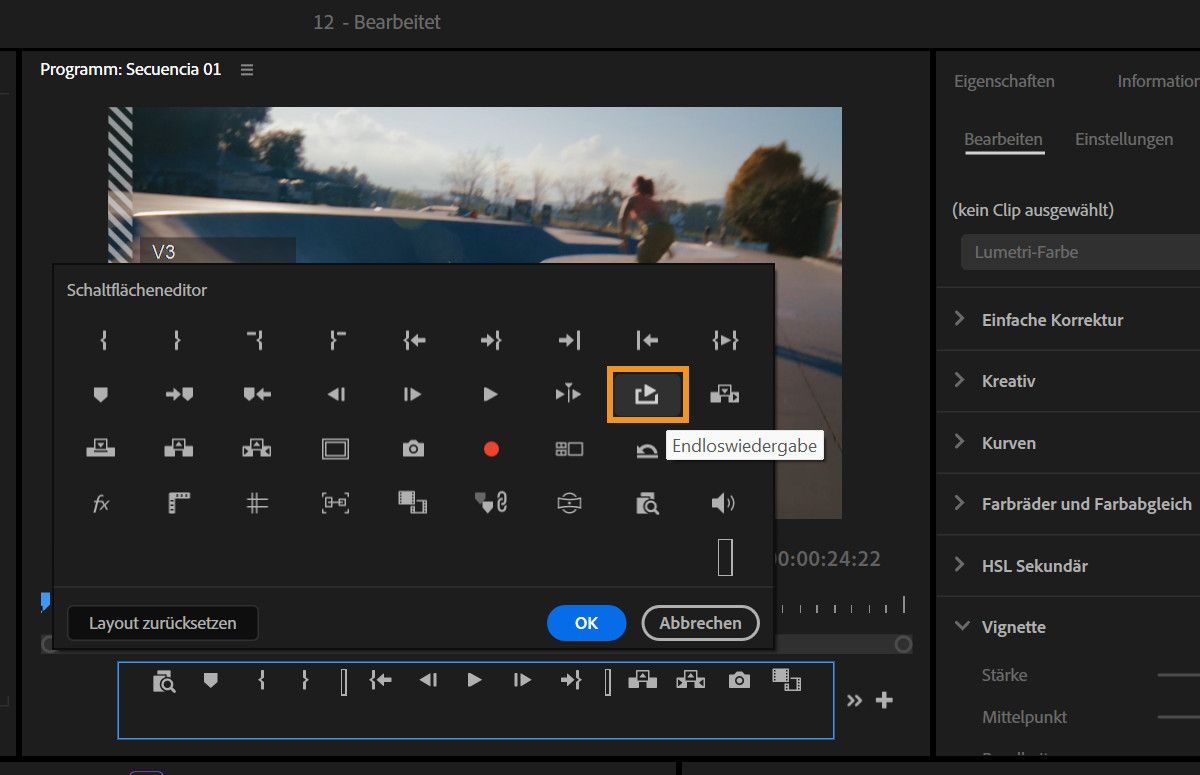Schaltflächeneditor-Dialog mit dem Schleifenwiedergabe-Symbol, das zur Symbolleiste des Programmmonitors hinzugefügt werden kann.