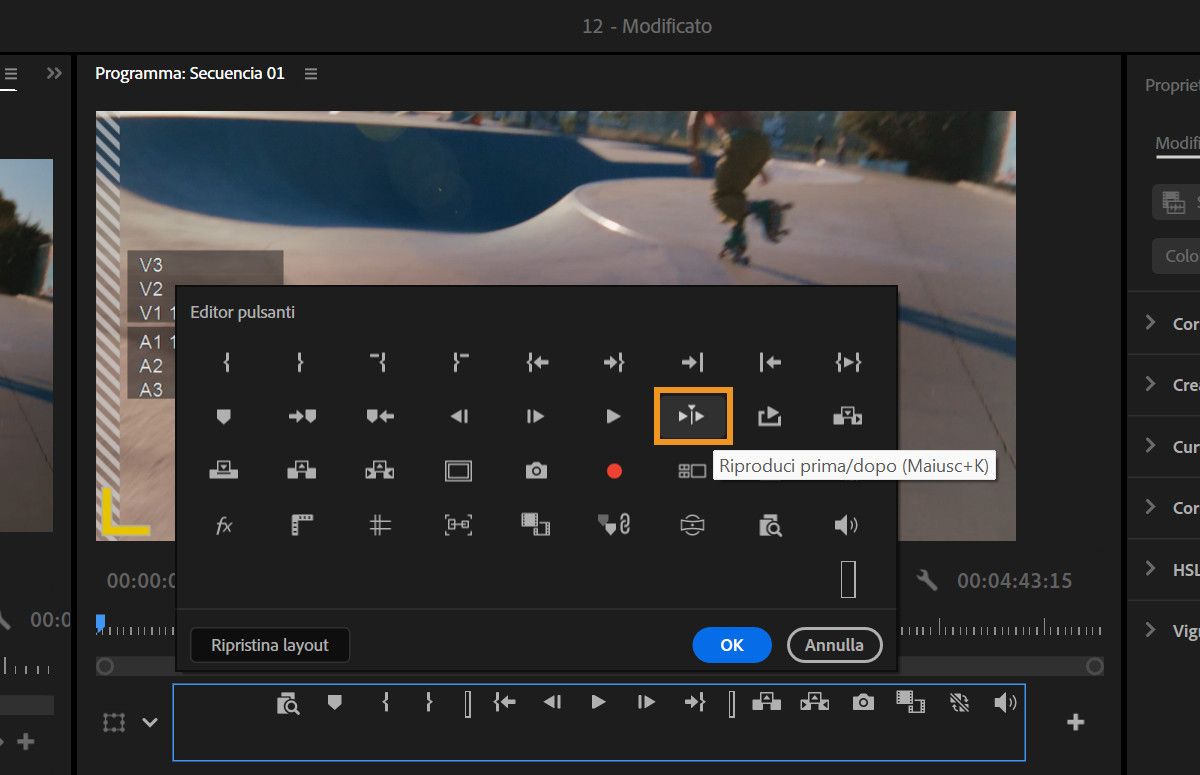 Finestra di dialogo Button editor che mostra l'icona Play Around che può essere aggiunta alla barra degli strumenti di Program Monitor.