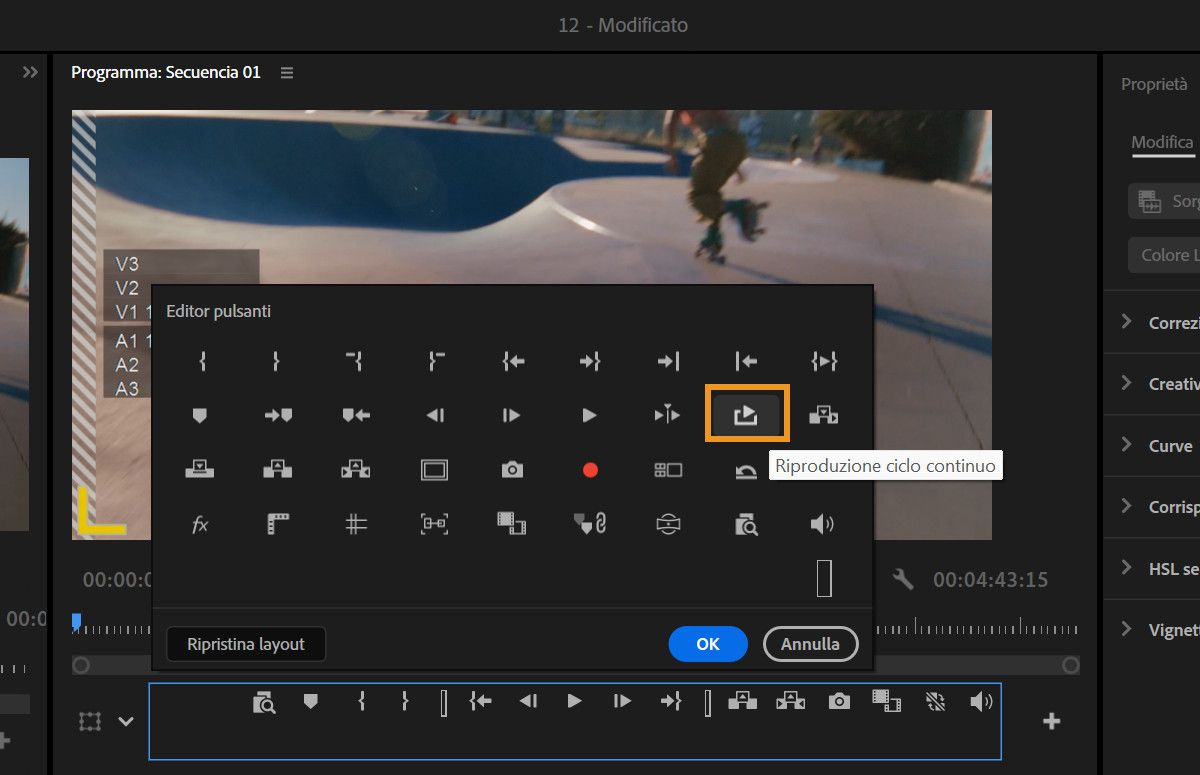 Finestra di dialogo Button Editor che mostra l'icona Loop Playback che può essere aggiunta alla barra degli strumenti del Program Monitor.