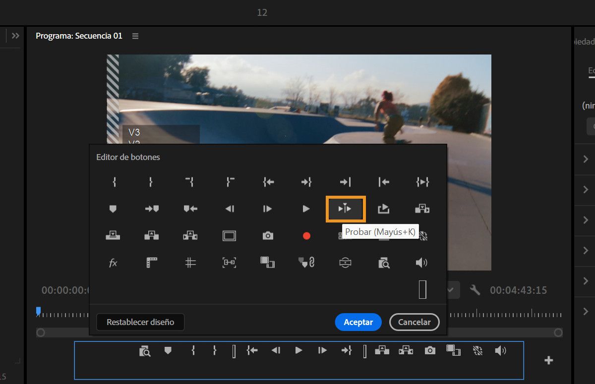 Diálogo del editor de botones que muestra el icono Reproducir alrededor que se puede añadir a la barra de herramientas del Monitor de programa.