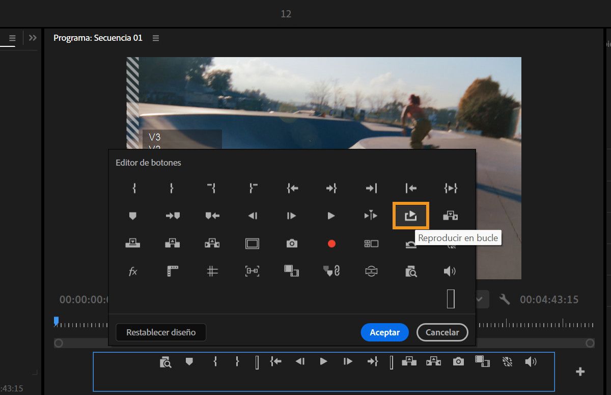 diálogo del editor de Botones que muestra el icono de Reproducción en Bucle que se puede añadir a la barra de herramientas del Monitor de programa.