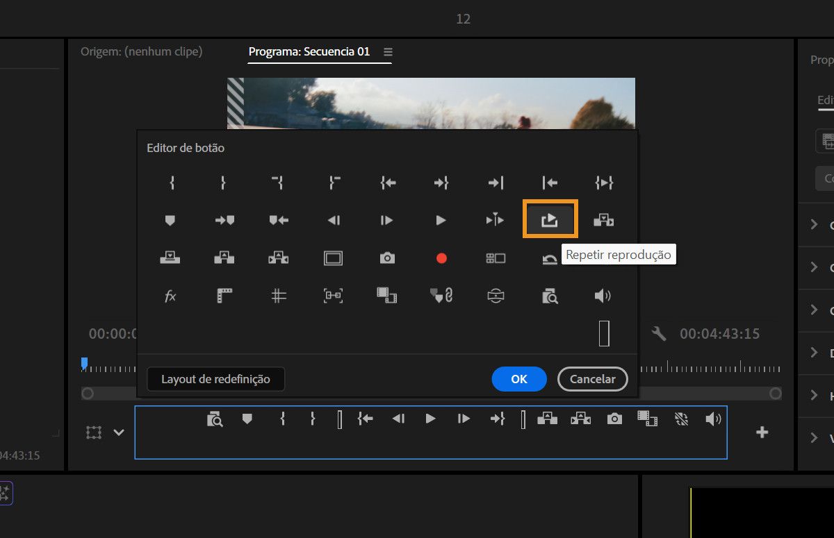 Diálogo do Editor de botões mostrando o ícone de reprodução em loop que pode ser adicionado à barra de ferramentas do Monitor de programa.